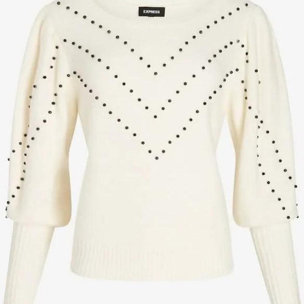 Express - Ivory Cream Beaded Puff Sleeve Soft Knit Sweater Top - XL